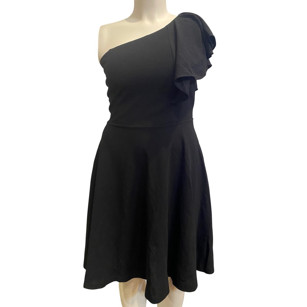 BeryLove Womens Black One Shoulder Ruffle A-Line Cocktail Dress Medium NWT